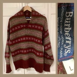 Burberrys Made in Scotland Fair Isle Wool Shawl Collar Sweater L Vintage 70s-80s